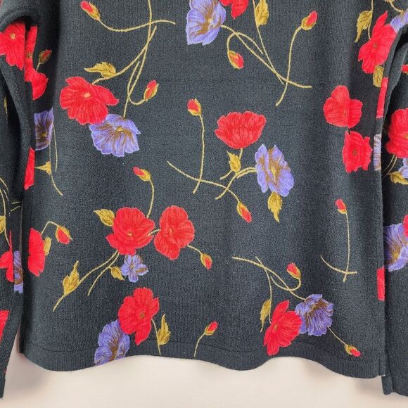 Patchington Floral Sweater Black Soft Acrylic Knit Pullover Top Crew Neck Size M - Picture 11 of 13